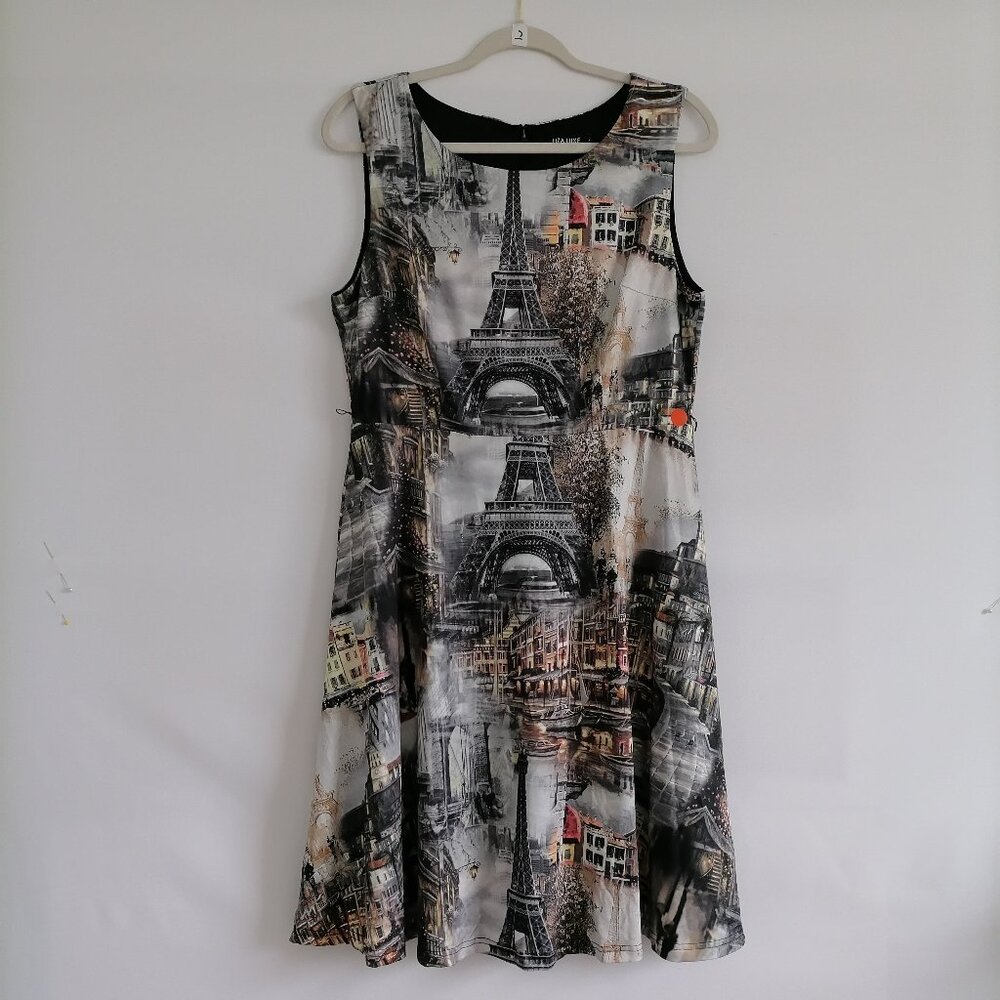 Liza Luxe Womens Black Parisian Cityscape Eiffel Tower Print Classy Dress Size L